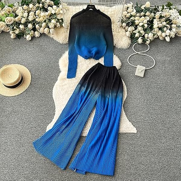 DUOTCYELE Abito Invernale Lavorato A Maglia - Set Caldo Autunnale Completo Casual da Donna Manica Lunga Sfumata Ampia Top Ampio Vita Elastica Pantaloni A Pieghe A Gamba Larga Set Autunnale di Moda